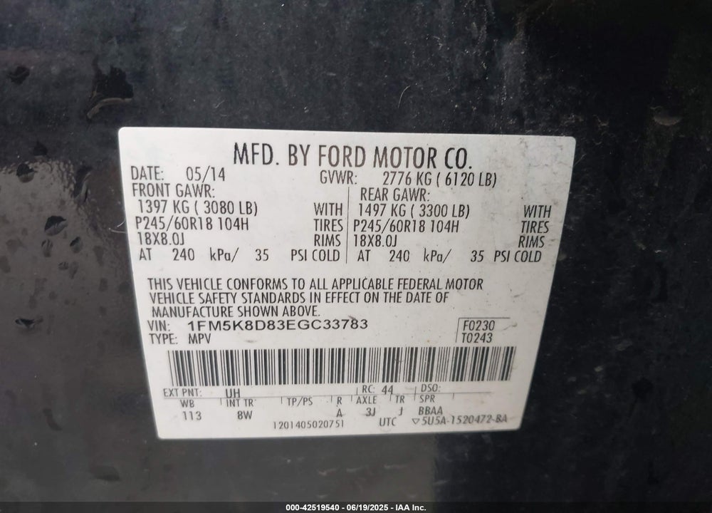 2014 FORD EXPLORER VIN: 1FM5K8D83EGC33783