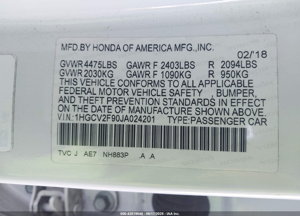 2018 HONDA ACCORD TOURING 2.0T VIN: 1HGCV2F90JA024201