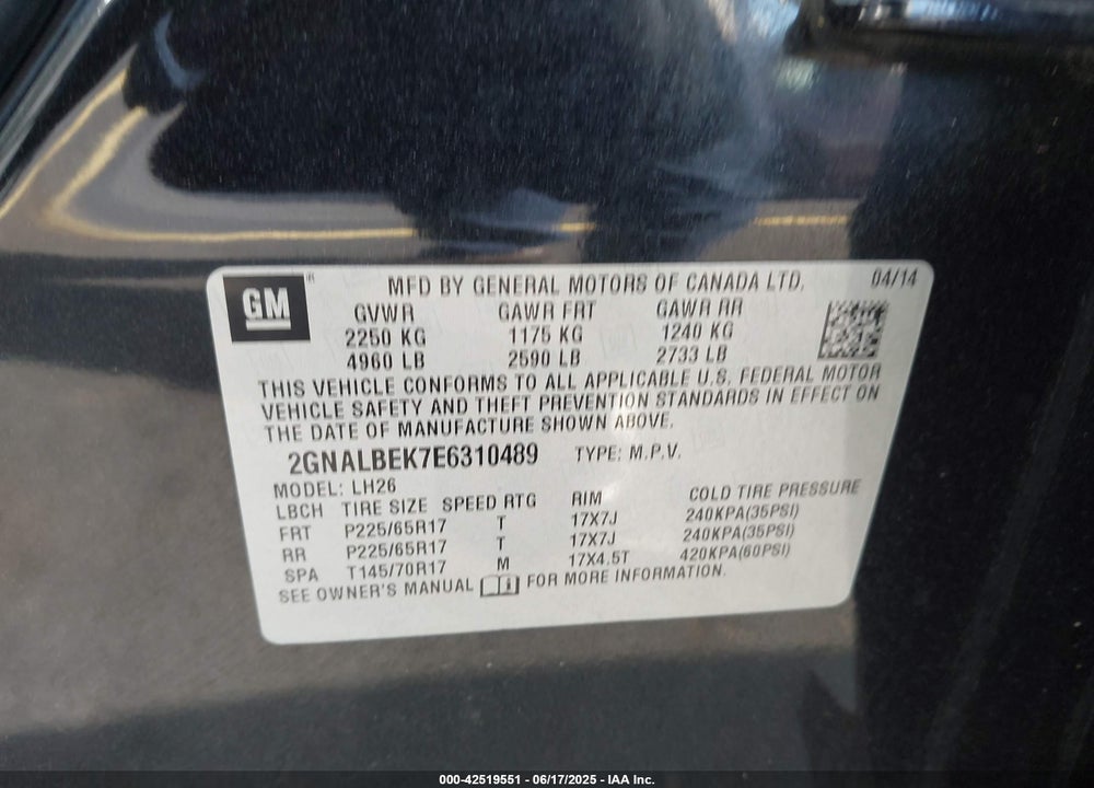 2014 CHEVROLET EQUINOX VIN: 2GNALBEK7E6310489