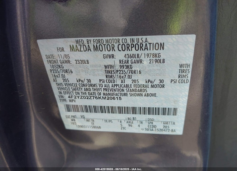 2006 MAZDA TRIBUTE I VIN: 4F2YZ02Z76KM20615