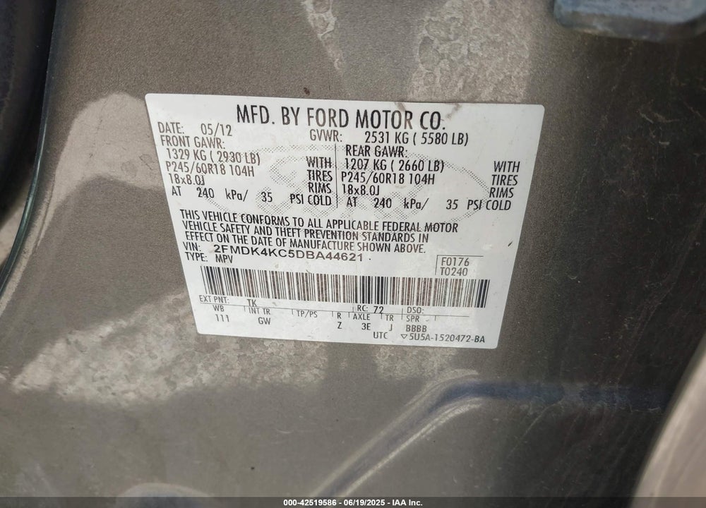 2013 FORD EDGE VIN: 2FMDK4KC5DBA44621