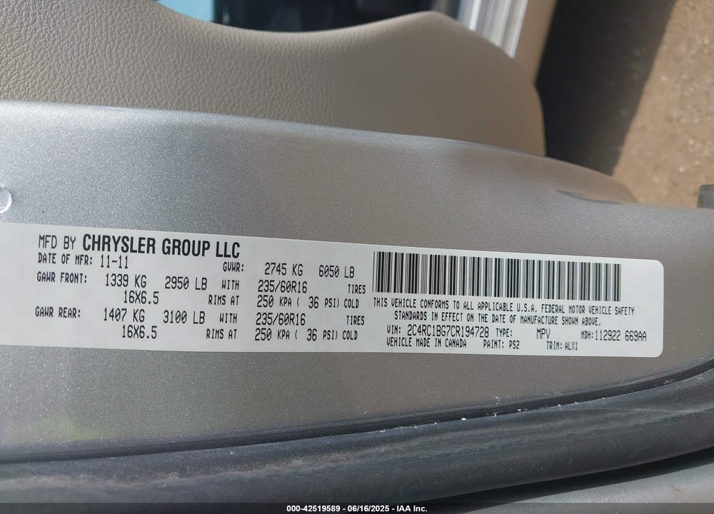 2012 CHRYSLER TOWN & COUNTRY TOURING VIN: 2C4RC1BG7CR194728