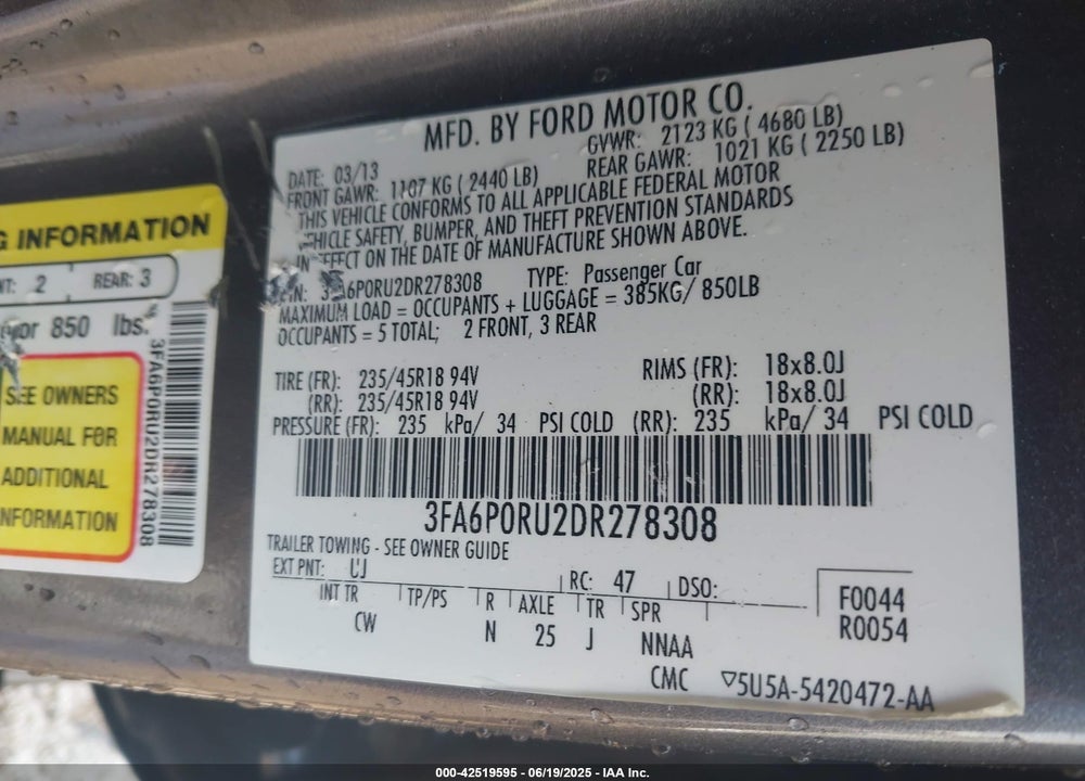 2013 FORD FUSION HYBRID VIN: 3FA6P0RU2DR278308