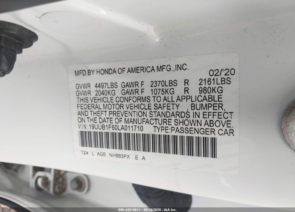 2020 ACURA TLX A-SPEC/A-SPEC W/RED LEATHER VIN: 19UUB1F60LA011710