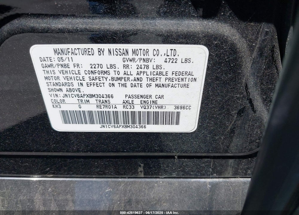 2011 INFINITI G37 VIN: JN1CV6APXBM304366