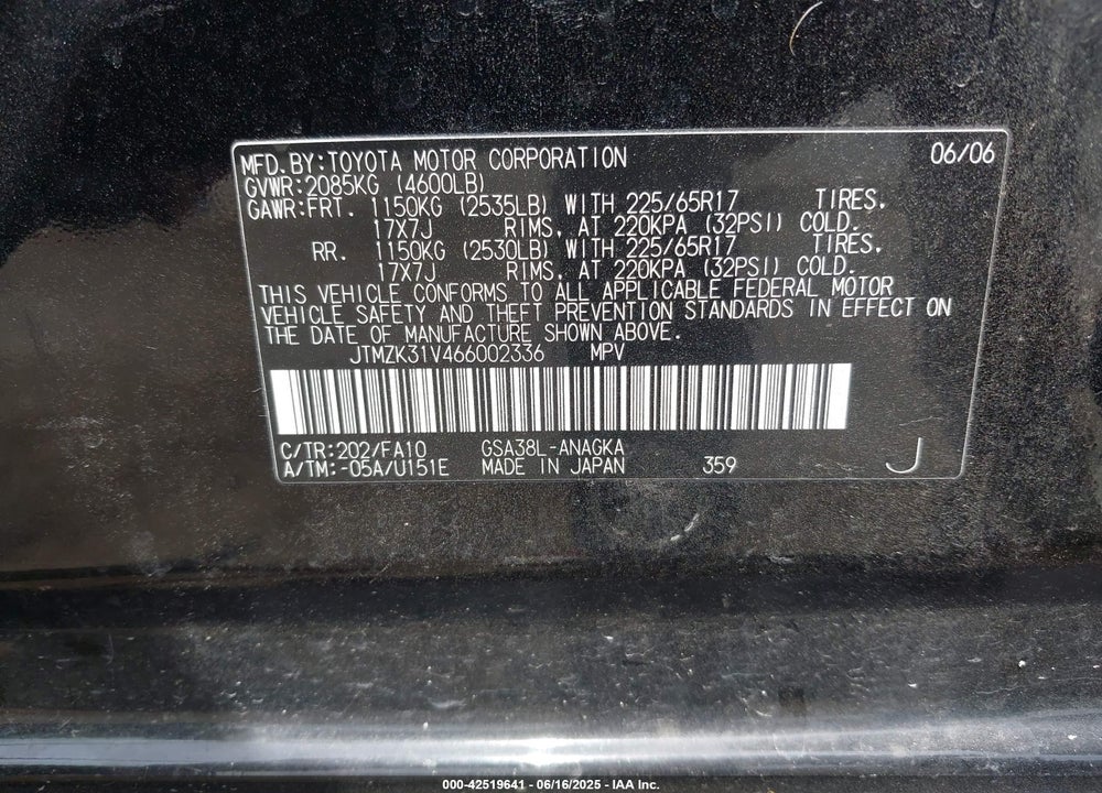 2006 TOYOTA RAV4 LIMITED V6 VIN: JTMZK31V466002336