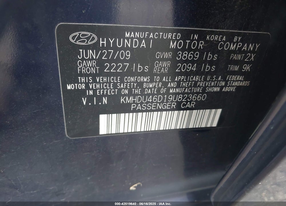 2009 HYUNDAI ELANTRA VIN: KMHDU46D19U823660