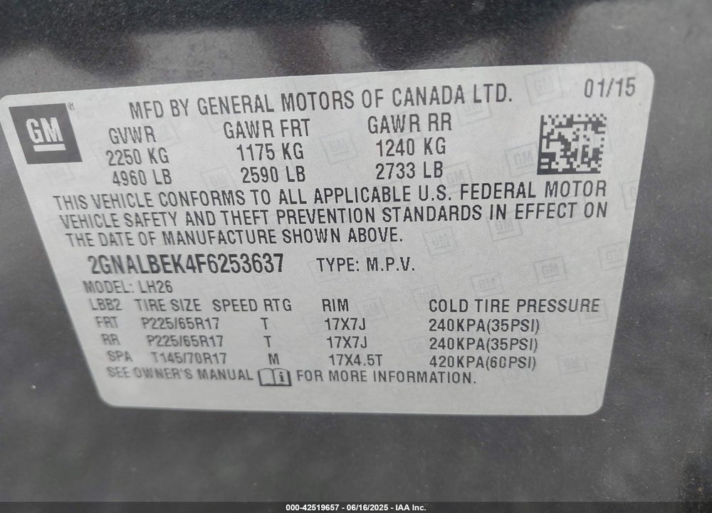 2015 CHEVROLET EQUINOX VIN: 2GNALBEK4F6253637