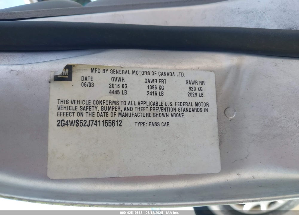 2004 BUICK CENTURY VIN: 2G4WS52J741155612