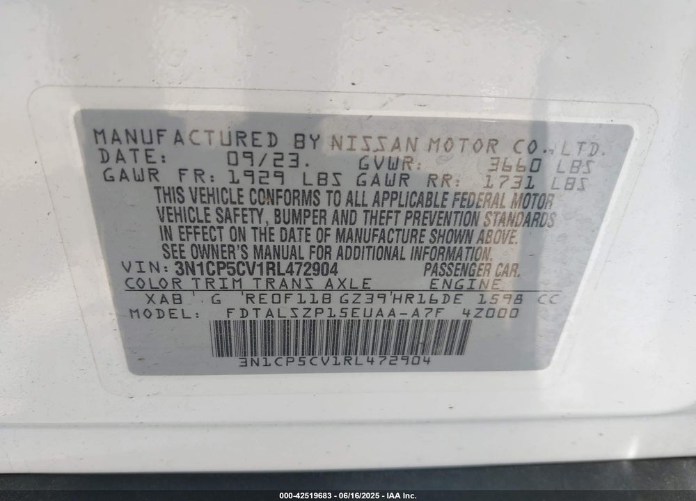 2024 NISSAN KICKS VIN: 3N1CP5CV1RL472904