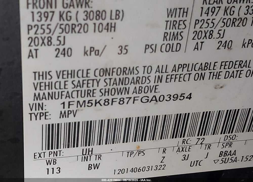 2015 FORD EXPLORER VIN: 1FM5K8F87FGA03954