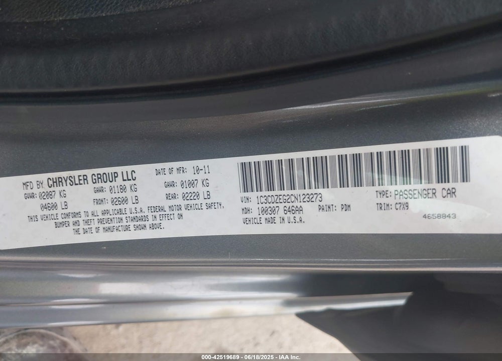 2012 DODGE AVENGER VIN: 1C3CDZEG2CN123273