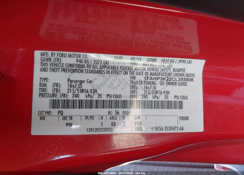 2012 FORD FOCUS VIN: 1FAHP3K22CL355808