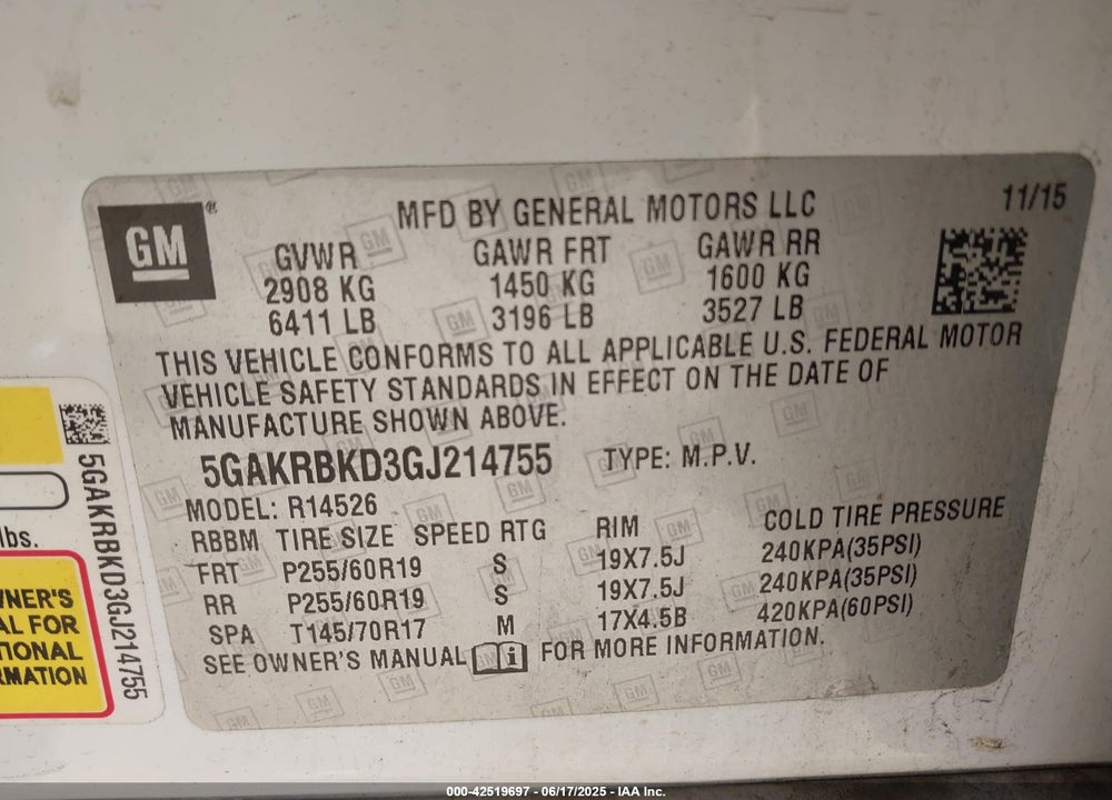 2016 BUICK ENCLAVE VIN: 5GAKRBKD3GJ214755