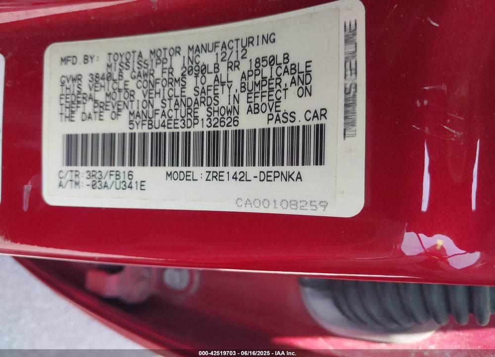 2013 TOYOTA COROLLA VIN: 5YFBU4EE3DP132626