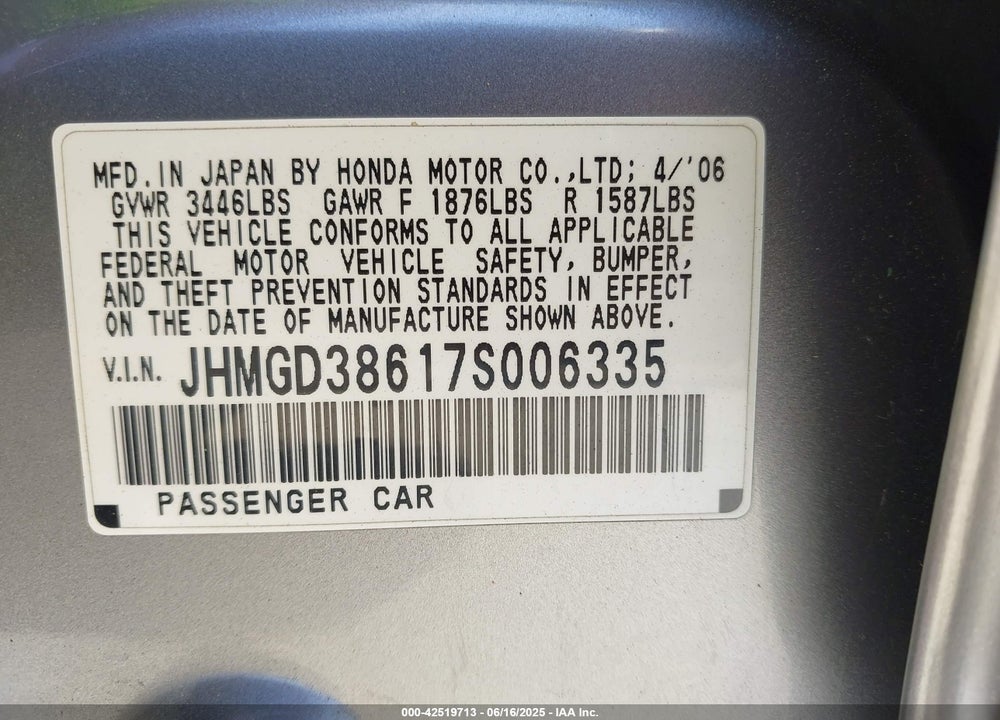 2007 HONDA FIT VIN: JHMGD38617S006335