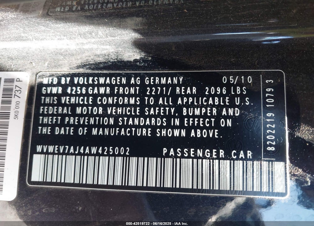 2010 VOLKSWAGEN GTI 2-DOOR VIN: WVWEV7AJ4AW425002