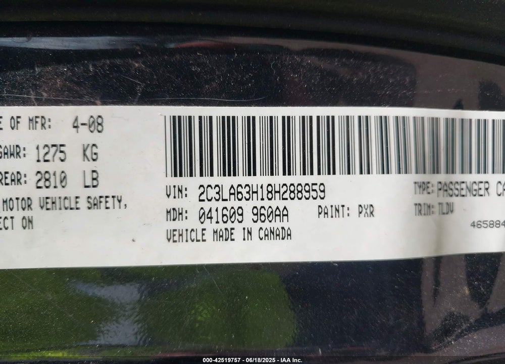 2008 CHRYSLER 300 VIN: 2C3LA63H18H288959