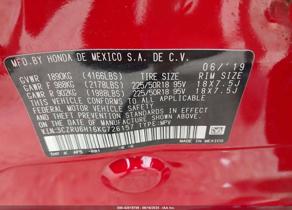 2019 HONDA HR-V VIN: 3CZRU6H16KG726157
