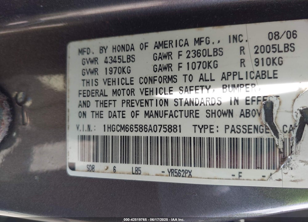 2006 HONDA ACCORD 3.0 EX VIN: 1HGCM66586A075881