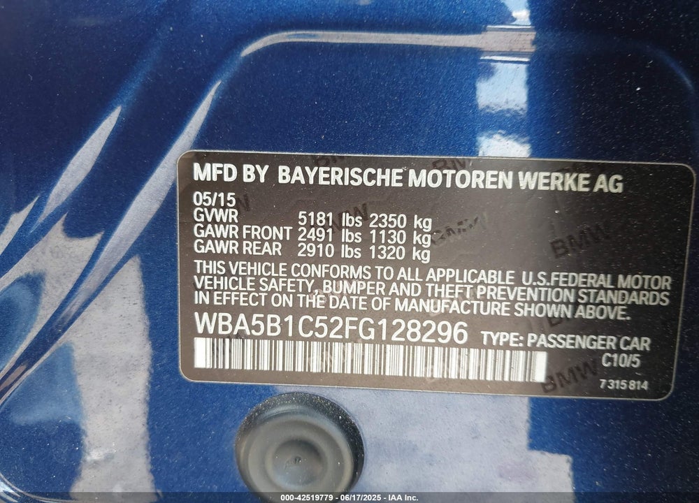 2015 BMW 535I VIN: WBA5B1C52FG128296