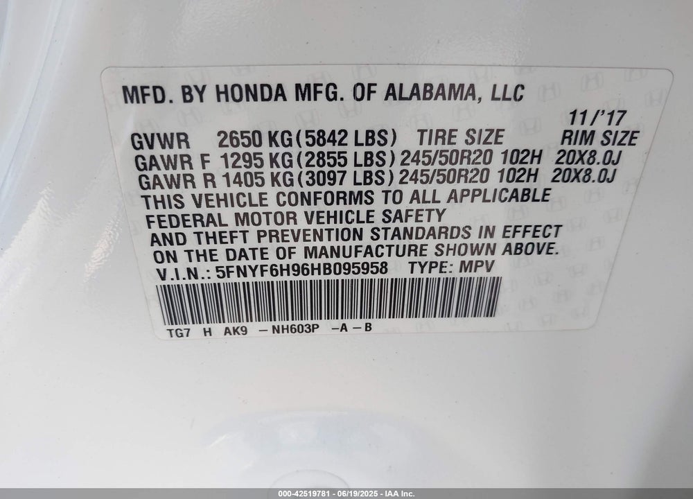 2017 HONDA PILOT VIN: 5FNYF6H96HB095958