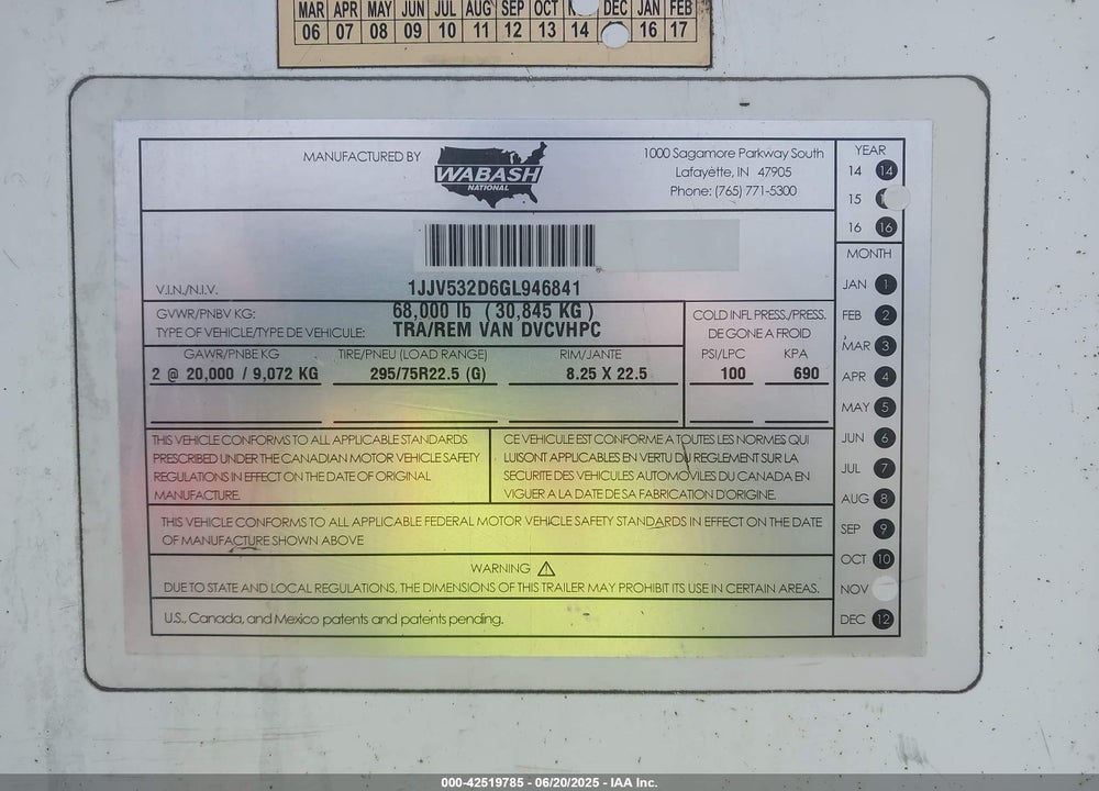 2016 WABASH NATIONAL CORP DRY VAN VIN: 1JJV532D6GL946841