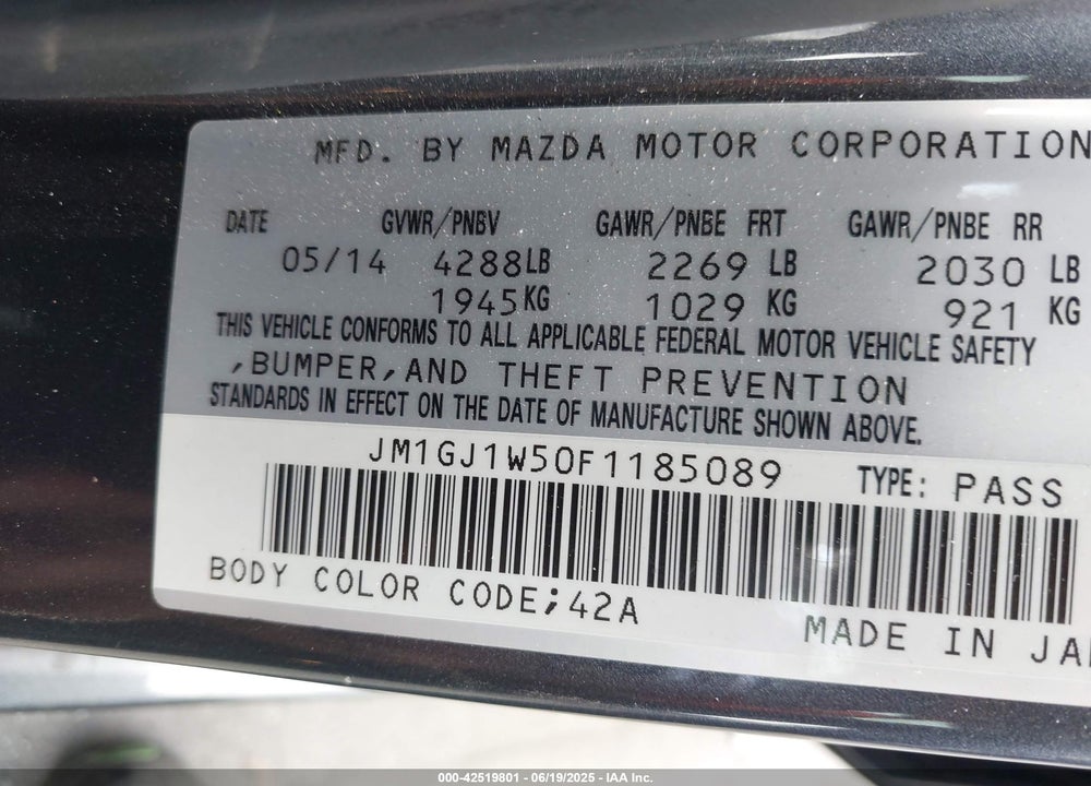 2015 MAZDA 6 VIN: JM1GJ1W50F1185089