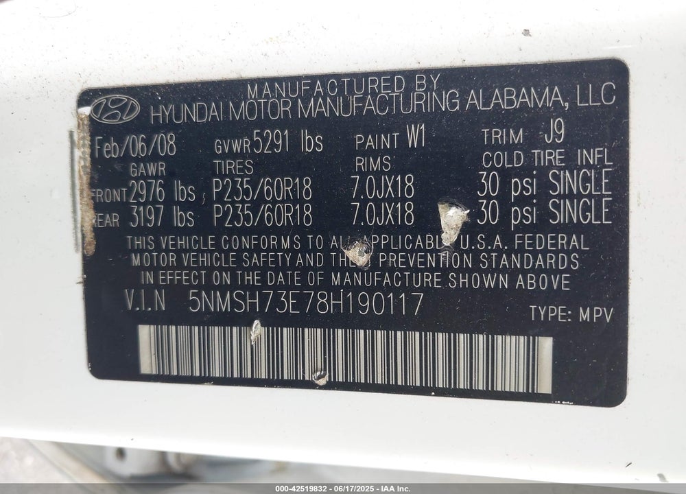 2008 HYUNDAI SANTA FE LIMITED/SE VIN: 5NMSH73E78H190117