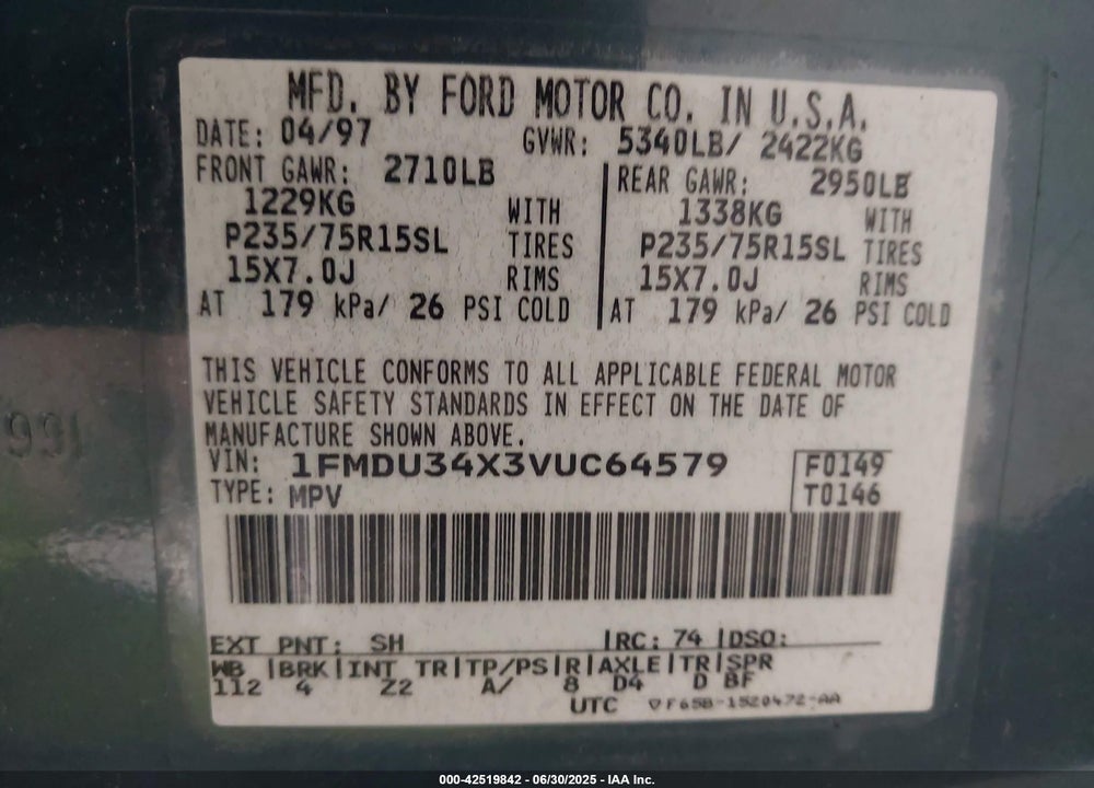 1997 FORD EXPLORER VIN: 1FMDU34X3VUC64579
