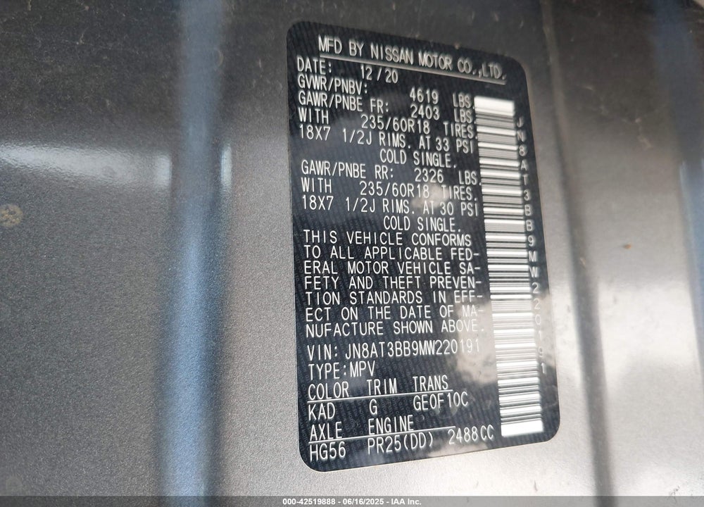 2021 NISSAN ROGUE VIN: JN8AT3BB9MW220191