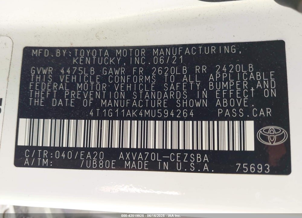 2021 TOYOTA CAMRY VIN: 4T1G11AK4MU594264
