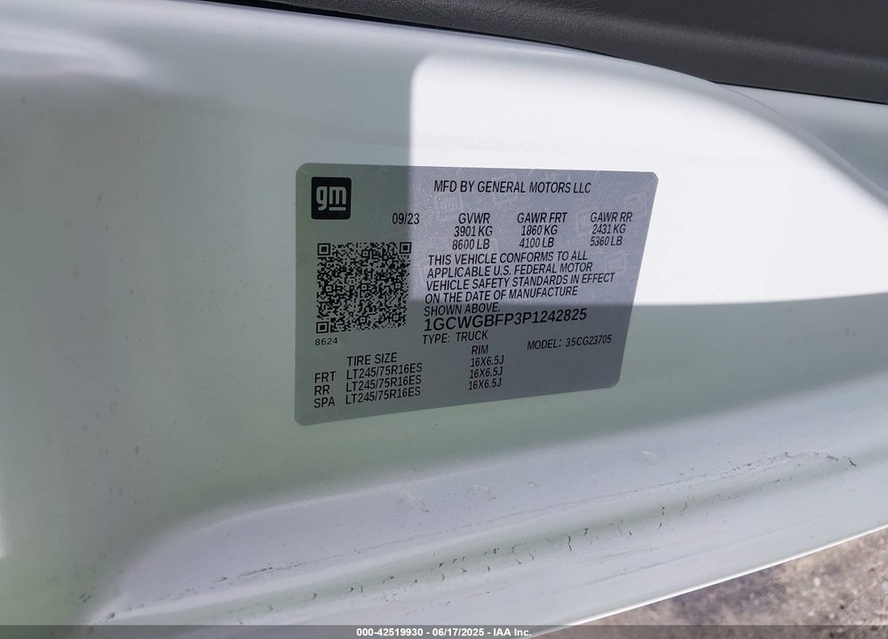 2023 CHEVROLET EXPRESS CARGO VAN WORK VAN VIN: 1GCWGBFP3P1242825