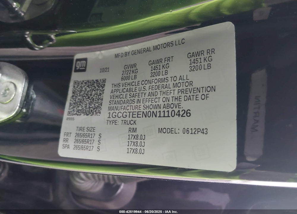 2022 CHEVROLET COLORADO VIN: 1GCGTEEN0N1110426