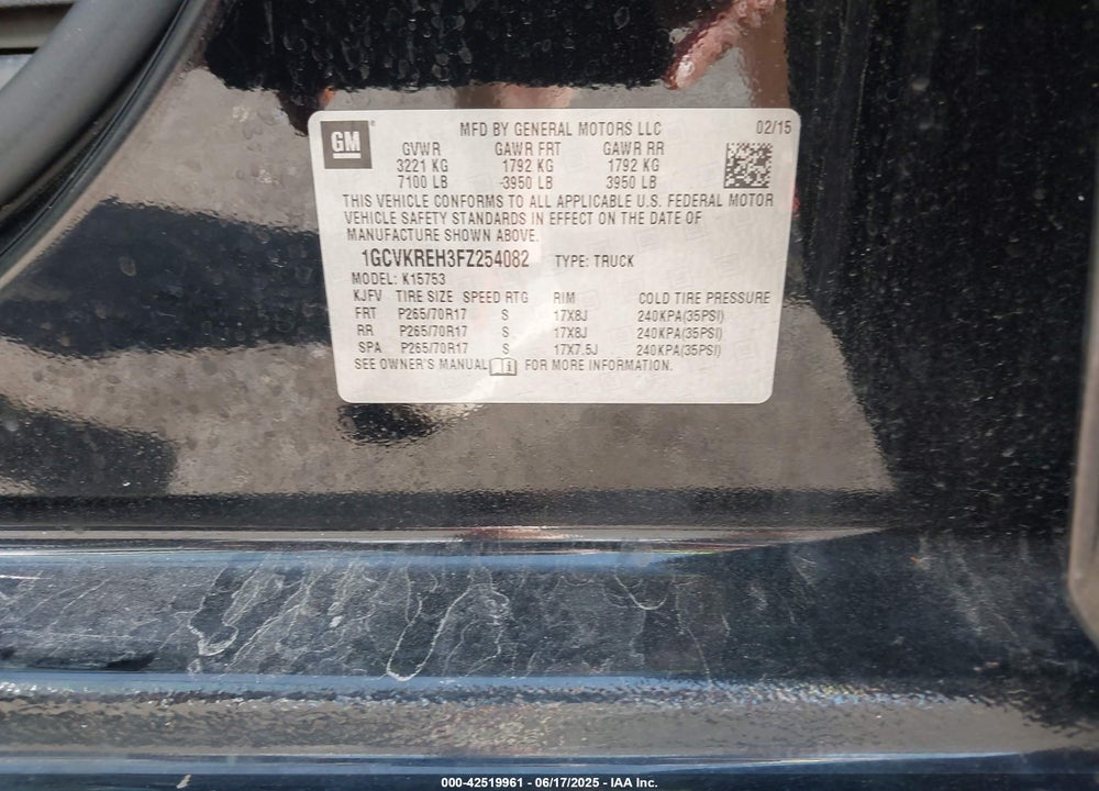 2015 CHEVROLET SILVERADO 1500 VIN: 1GCVKREH3FZ254082