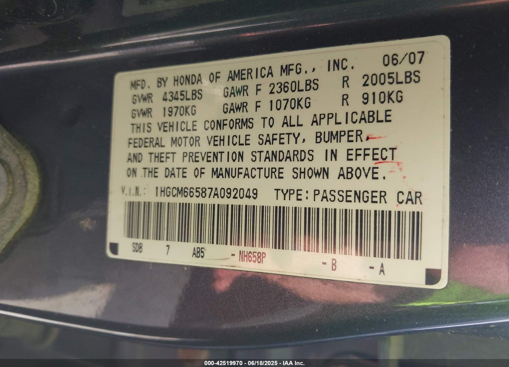 2007 HONDA ACCORD VIN: 1HGCM66587A092049