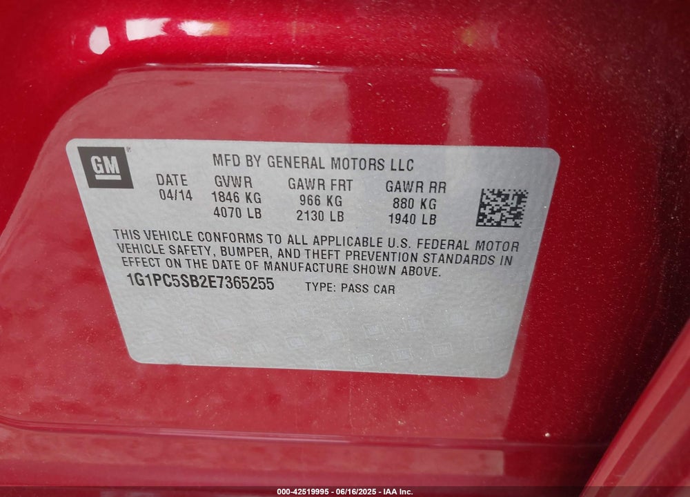 2014 CHEVROLET CRUZE VIN: 1G1PC5SB2E7365255