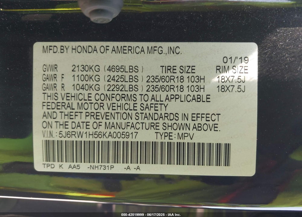 2019 HONDA CR-V EX VIN: 5J6RW1H56KA005917