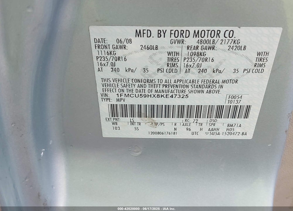 2008 FORD ESCAPE HYBRID VIN: 1FMCU59HX8KE47325
