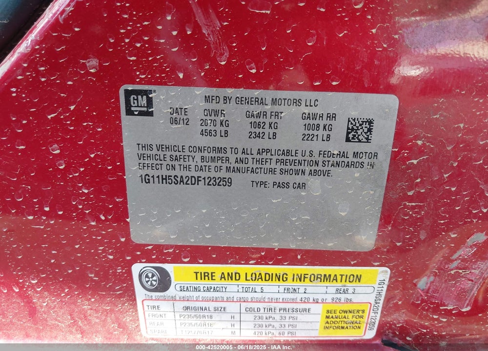 2013 CHEVROLET MALIBU VIN: 1G11H5SA2DF123259