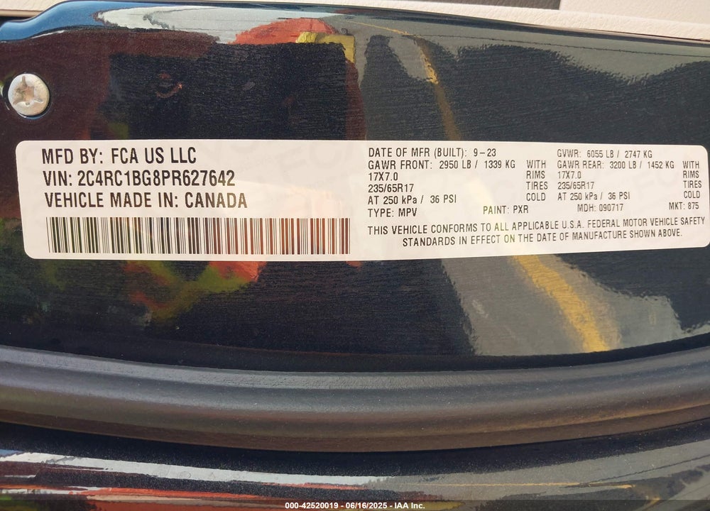 2023 CHRYSLER PACIFICA VIN: 2C4RC1BG8PR627642