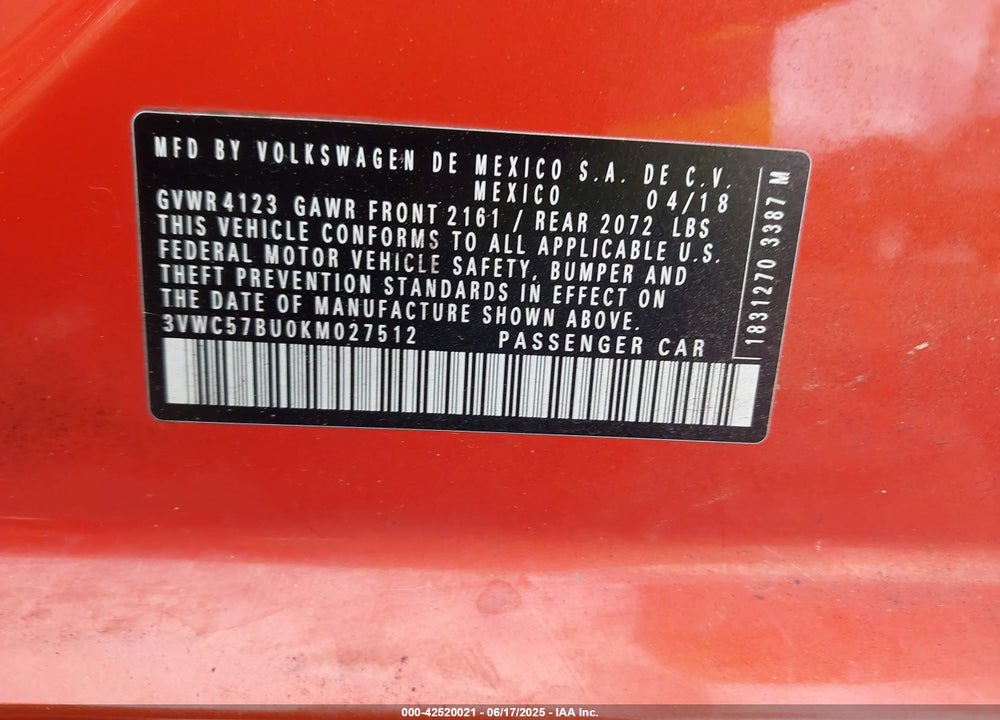 2019 VOLKSWAGEN JETTA VIN: 3VWC57BU0KM027512