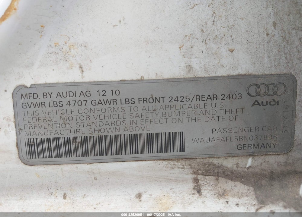 2011 AUDI A4 VIN: WAUAFAFL5BN037896