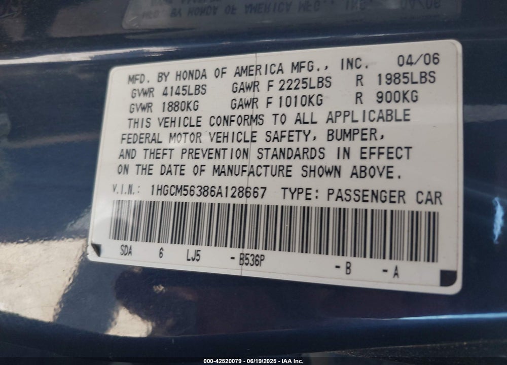 2006 HONDA ACCORD SE VIN: 1HGCM56386A128667