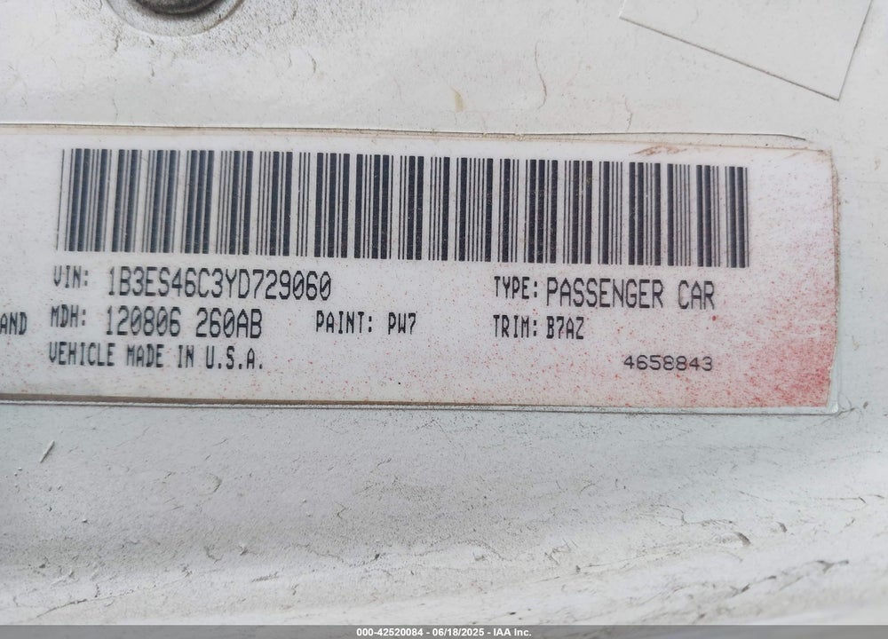 2000 DODGE NEON HIGHLINE VIN: 1B3ES46C3YD729060