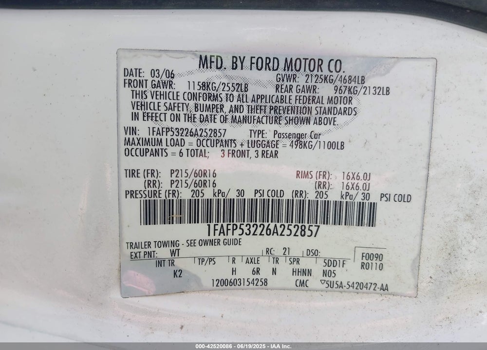 2006 FORD TAURUS SE VIN: 1FAFP53226A252857