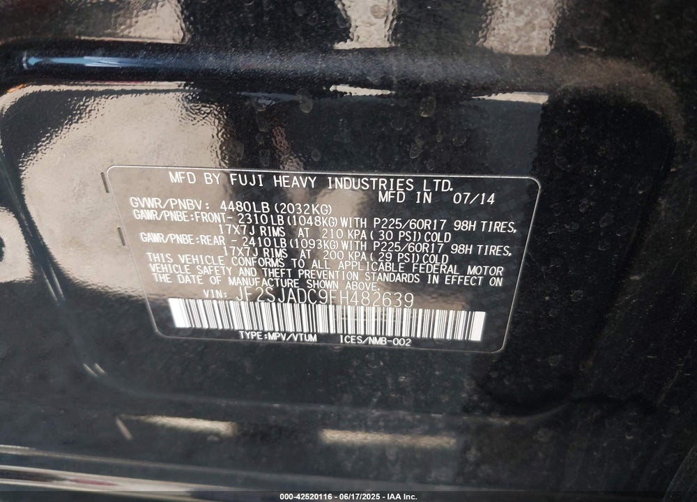 2015 SUBARU FORESTER VIN: JF2SJADC9FH482639
