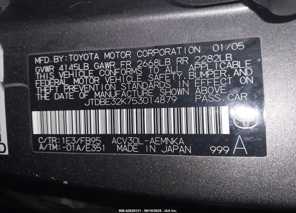 2005 TOYOTA CAMRY STD/ VIN: JTDBE32K753014879