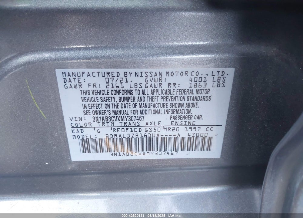 2021 NISSAN SENTRA VIN: 3N1AB8CVXMY307467