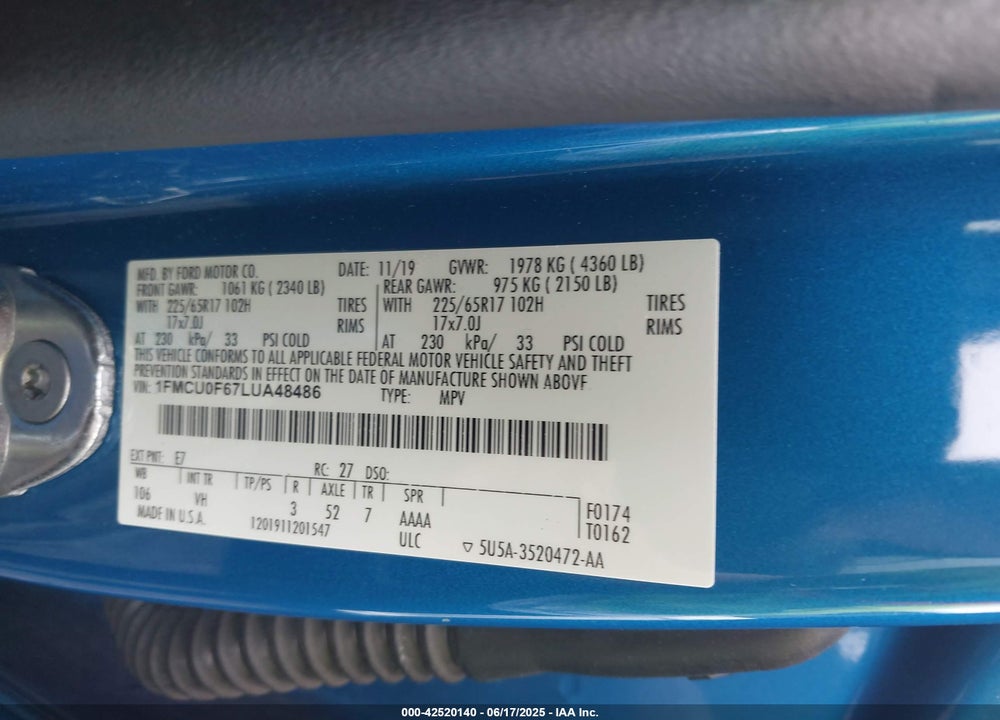 2020 FORD ESCAPE S VIN: 1FMCU0F67LUA48486